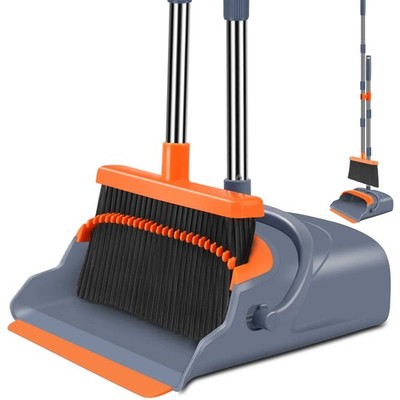 kelamayi Upgrade Broom and Dustpan Set, Self-Cleaning with Gray&orange