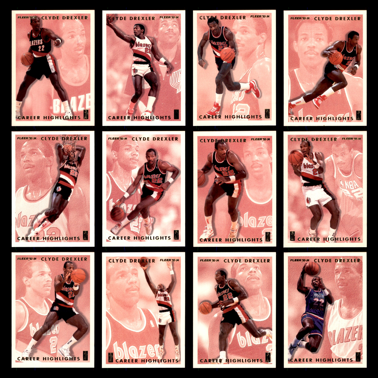 1993-94 Fleer Clyde Drexler Career Highlights Complete Set 90s Inserts 12 Cards