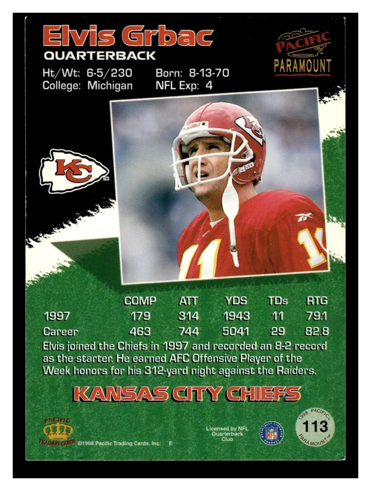1998 Pacific Paramount Elvis Grbac #113 Kansas City Chiefs - Image 2 of 2