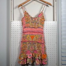 Olivaceous Smocked Bodycon Mini Dress Women's Paisley Ruffle Boho Chic - Small
