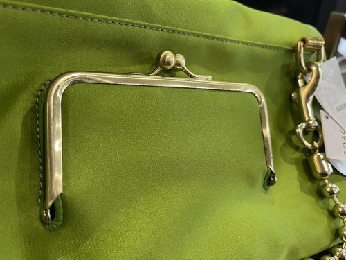 New! COACH Satin Lime Green Evening Foldover Clutch Beaded Brass Strap Y2K - Picture 9 of 10