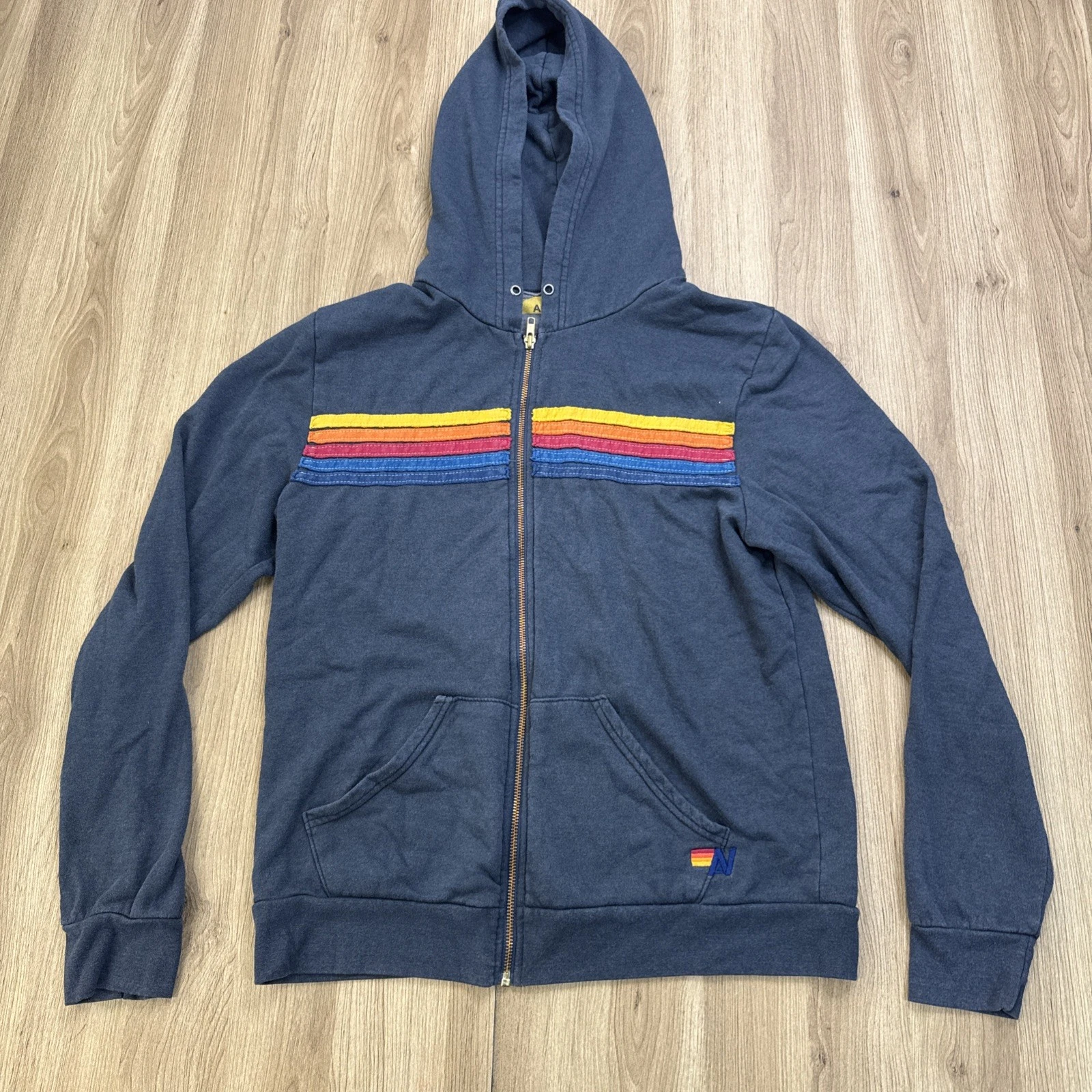 Aviator Nation Full Zip Hoodie Rainbow Stripes Pockets Unisex Sweatshirt Large