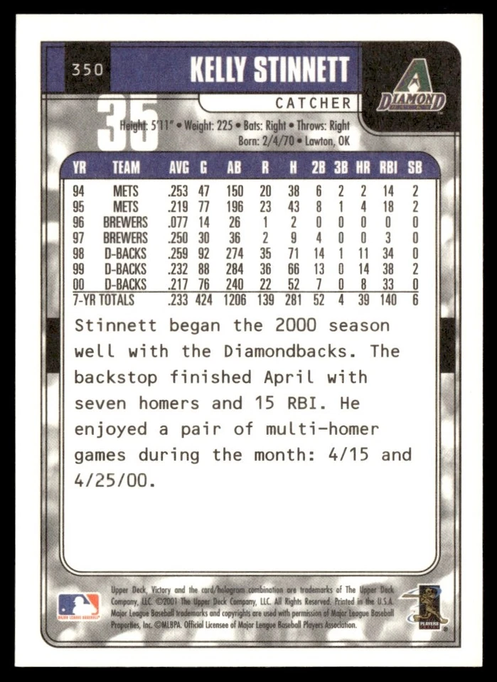 2001 Upper Deck Victory Kelly Stinnett Arizona Diamondbacks #350 - Image 2 of 2