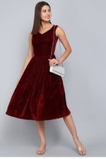 Fit and Flare Dress Sleeveless V Neck Dress Burgundy Velvet Evening Midi Dress