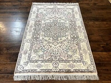Silk Indian Kashmiri Rug 4x6 Handmade Vintage Ivory Multicolor Fine 240 KPSI