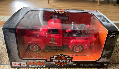 MAISTO 1-24 1948 FORD F-1 PICKUP TRUCK HARLEY DAVIDSON FIRE 1936 EL KNUCKLEHEAD - Picture 1 of 2