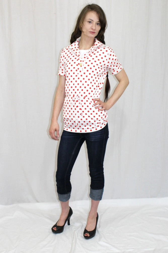 Vintage 70s JCPenney White Red POLKA DOT Belted Retro TUNIC Top