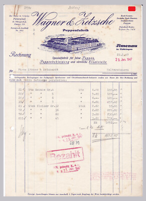 Rechnung Wagner&Zetzsch Puppenfabrik Ilmenau Thüringen 1947 Spezialfabrik Puppen