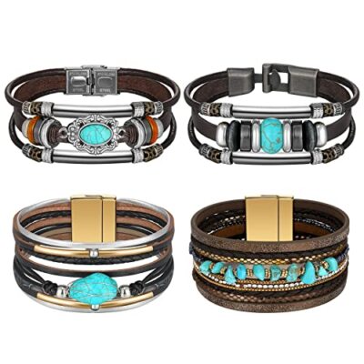 Glenmal 4 Pcs Boho Leather Bracelet Turquoise Cuff Leather Bracelet Stylish
