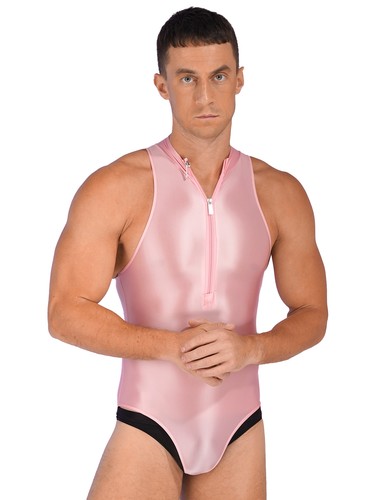 Men's Gloosy Silky Satin Swimwear Bodycon Sport Bodysuit Zipper Front Nightwear - Picture 33 of 46