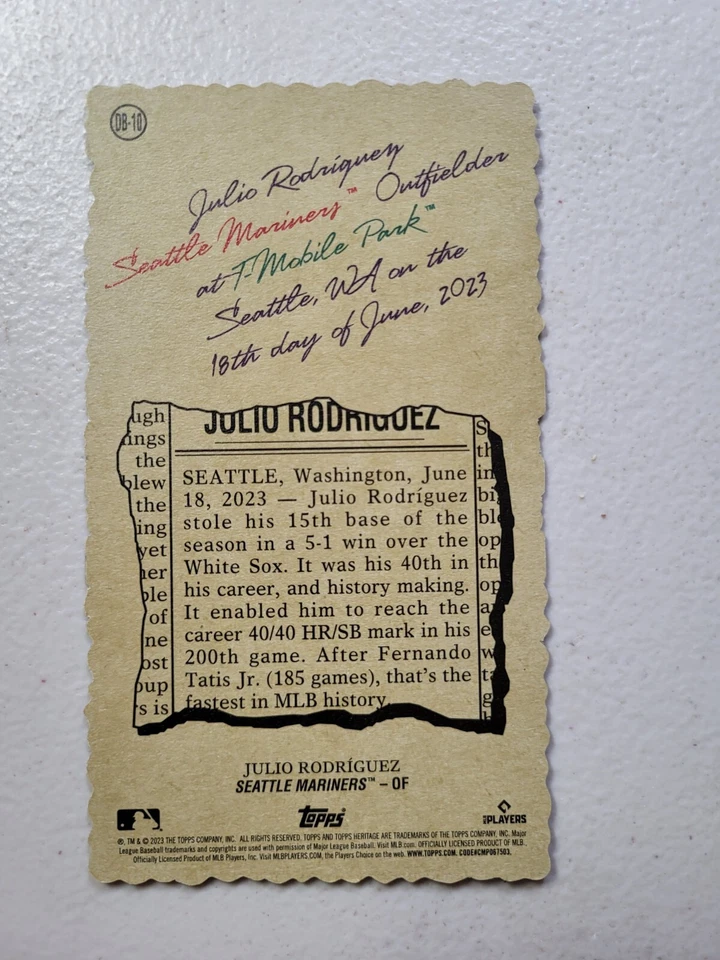 JULIO RODRIGUEZ 2023 TOPPS HERITAGE HI NUMBER DECKLE BOXTOPPER #DB-10 SEATTLE NM - Image 2 of 2