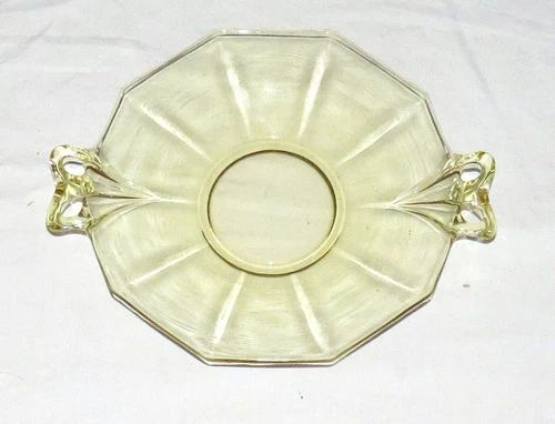 Yellow ten-sided 7 inch Depression Glass Plate with Handles