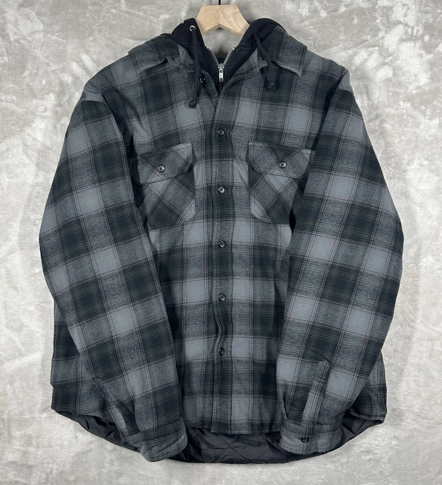 Veste chemise zippée intégrale en flanelle à capuche suprême caban homme grand plaid noir