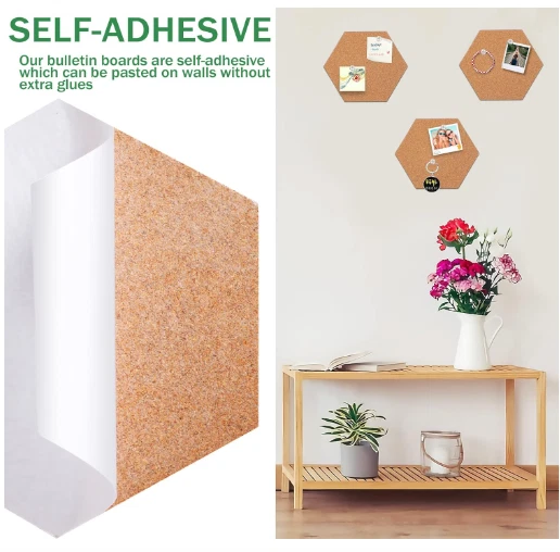 3-Pack Self-Adhesive Hexagonal Cork Wall Bulliton Board Tiles with 50 Push-Pins - Image 4 of 4