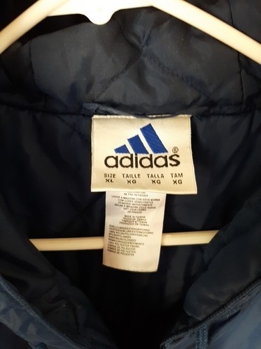Mens Adidas Navy Quilted Hooded Jacket With 3 White Stripe Size XL - Picture 3 of 10