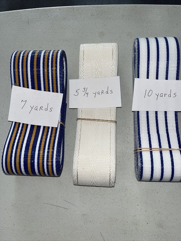 Total 22 yards.   Chair re-webbing strapping:  Some 3” wide, some 2 1/2” wide.