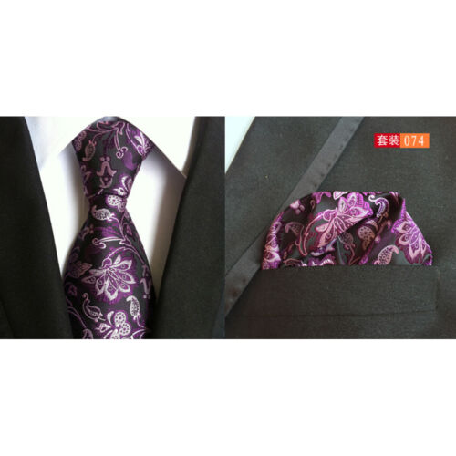 Men's Vines Paisley Flower Polka Dots Neck Tie Pocket Square Handkerchief Set - Picture 2 of 34