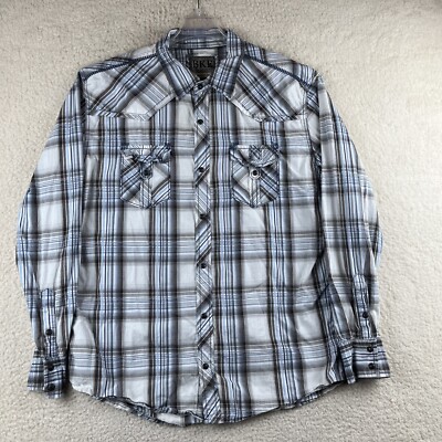 BKE Mens Plaid Blue Gray Long Sleeve Pearl Snap Button Up Athletic Fit Sz XL