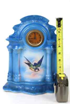 Antique Mantle Clock Blue Ceramic w/ Hand-Painted Swallow Bird