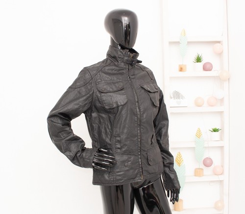 Barbour International Biker Jacket Linen Waxed Black Coat Women's Size UK12 US8 - Picture 8 of 17
