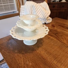 3 Vtg Fenton Milk Glass Compote Bowls lace trim Country Chic Cottage Farmhouse