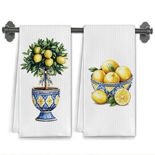 2 PCS Mediterranean Lemon Kitchen Towels 16x24 Inch Blue White Dish Tea Towel