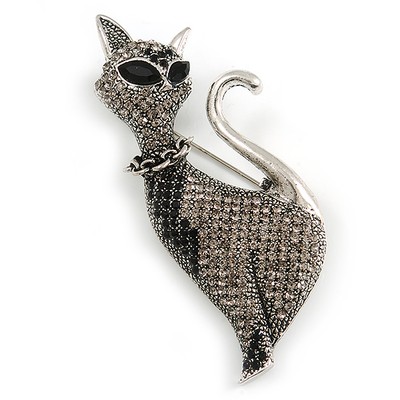 Katze/Kätzchen Kristall Brosche in Splitterton/ Schwarz/ Grautöne/ 70 mm hoch