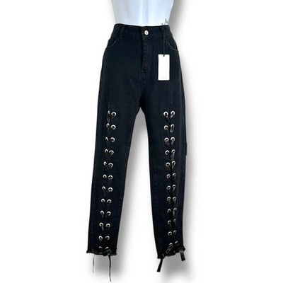 Mango MNG Washed Black Lace-Up Jeans Sz 4 US 36 EU Eyelet Detail NWT 5 Pockets  