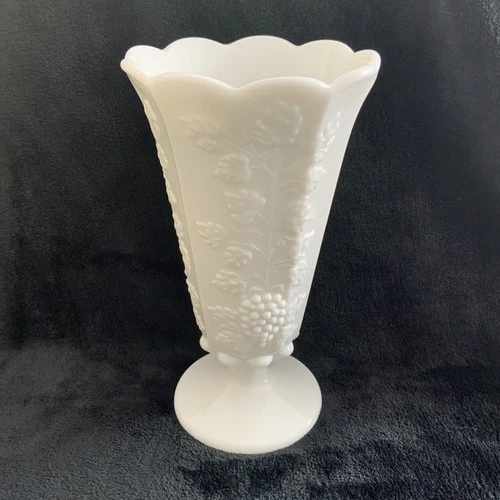 Vintage Westmoreland Paneled White Milk Glass Vase 9”T 5”D Grapes & Vine