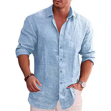 Men's Linen Shirt Long Sleeve Button Down Cotton Beach Casual Summer Top