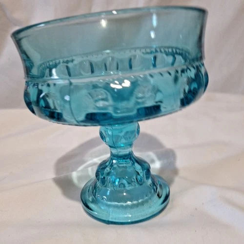 Vintage Indiana Glass Aqua Blue Kings Crown B22 Thumbprint Compote Candy Dish