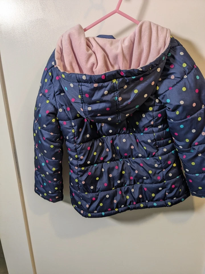 Faded Glory Winter Blue Jacket with Polka Dots, hood, fur lining Girls Size 4-5 - Image 2 of 4