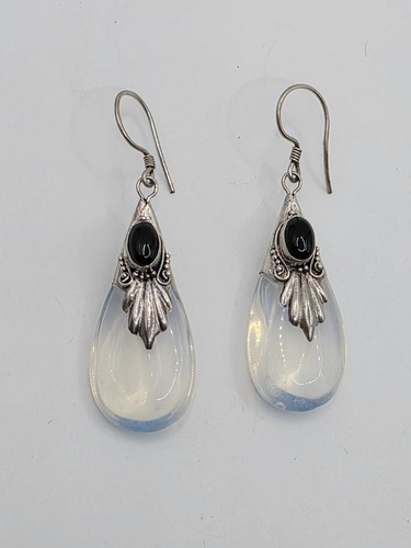 Gurubachi Opaline Crystal Onyx Sterling Silver Teardrop Dangle Pierced Earrings - Picture 2 of 7