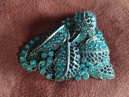 Vintage ANTIQUE Rhinestone Silver Tone Dress Clip SCARF leaves Fancy BOLD Gift - Picture 15 of 16