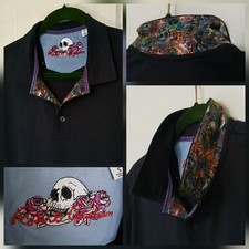 Robert Graham Polo Shirt Men's Small Black Skull Rose Embroidered Floral Classic