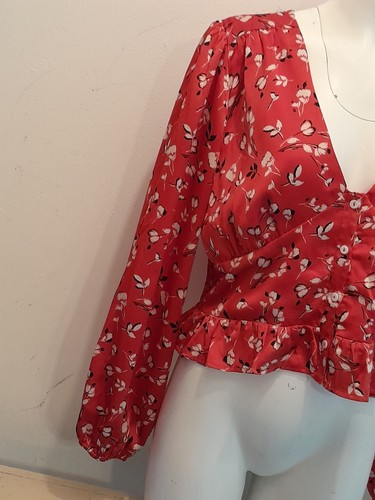Womens Size Large Boho Balloon Sleeve Formal Casual Ruffle Hem Cropped Blouse - Picture 4 of 9