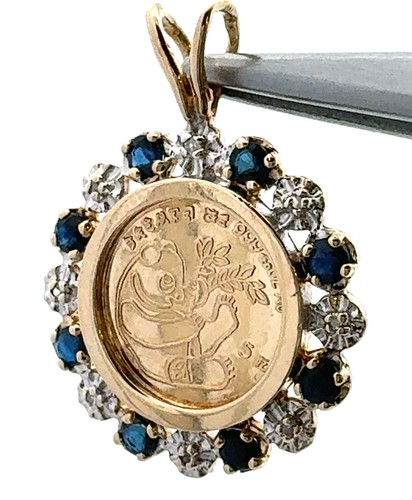 Estate 10K 14K Yellow Gold Blue Sapphire Diamond Chinese Panda Faux Coin Pendant - Picture 2 of 9