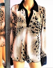 CDW Creative Design Works Long Sleeve Beige/Black Shirt,Top,Blouses Plus SIze XL