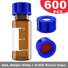 Simpure 600pcs Autosampler HPLC Amber 2mL Vials 9-425 Screw Caps with Write Area
