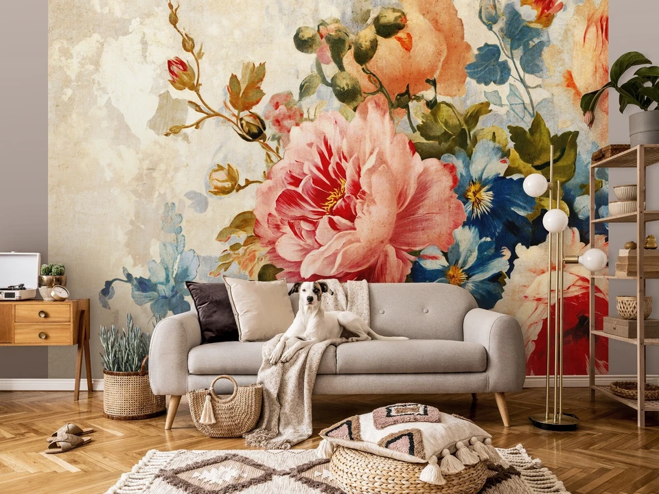 Women bedroom Wallpaper Mural 312x219cm large floral colorful pink beige blue - Image 3 of 4