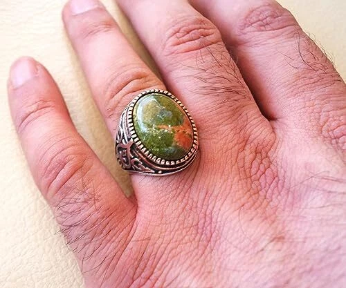 УНАКИТ ЯШМА ДРАГОЦЕННЫЙ КАМЕНЬ 925 ПРОБЫ ОСМАНСКИЙ ТУРЕЦКИЙ ТЯЖЕЛОЕ МУЖСКОЕ КОЛЬЦО - Изображение 2 из 4