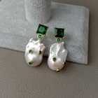 Cultured White Baroque Pearl Green Cz Rhinestone Stud Earrings