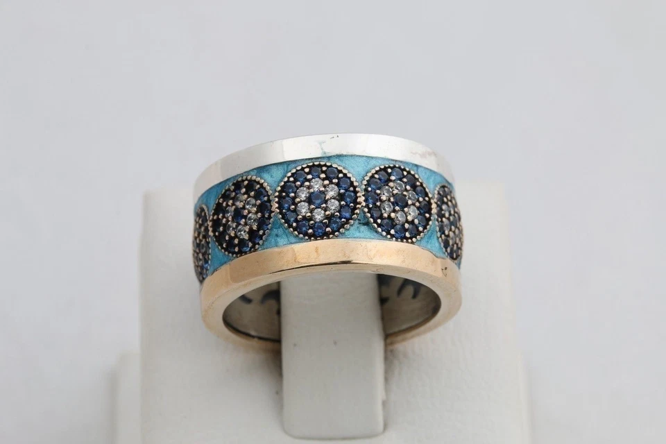 Joyería Turca Esmalte Azul Mal de Ojo Zafiro Topacio Plata de Ley Anillo Todas las Tallas Foto 2 de 4