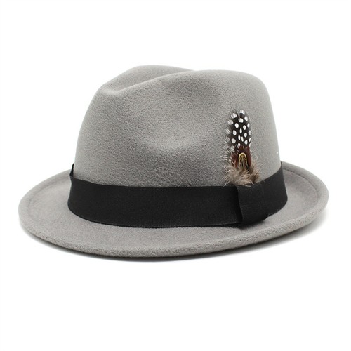 Classic Panama Jazz Top Hat Short Brim Trilby Hat Gentleman Jazz Cap Feather - Picture 8 of 22