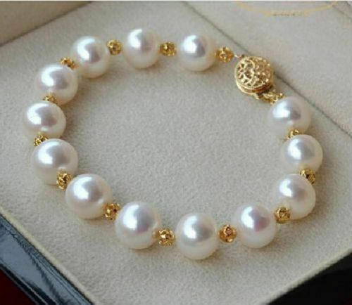 MAGNIFIQUE BRACELET PERLE BLANCHE AUTHENTIQUE 7,5"-8" AAA+ 9-8 MM MER DU SUD 14K FERMOIR - Photo 1/2