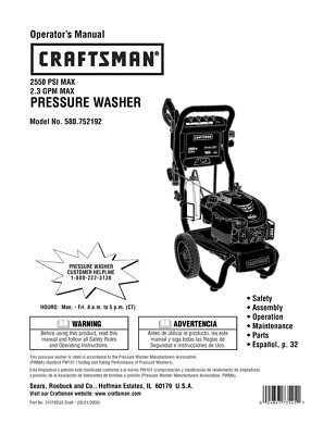 #ad #ad Owners Manual amp; Parts List Craftsman 2550 PSI Pressure Washer Model 580.752192 $19.95