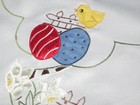 EASTER CHICK ON FENCE & DAFFODILS & FANCY CUTWORK! GERMAN TABLECLOTH