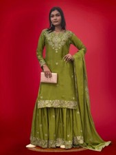 Party Wear Chinnon Silk Parrot Green Top Sharara With Dupatta For Women And Girl