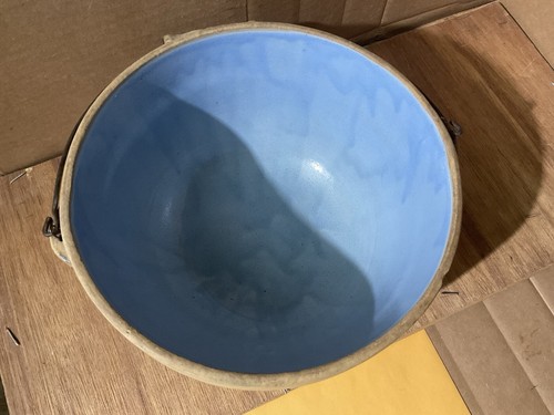 ANTIQUE SALT GLAZE STONEWARE MIXING BOWL w/Bale Handle-Marked German, SWEET! - Picture 8 of 14