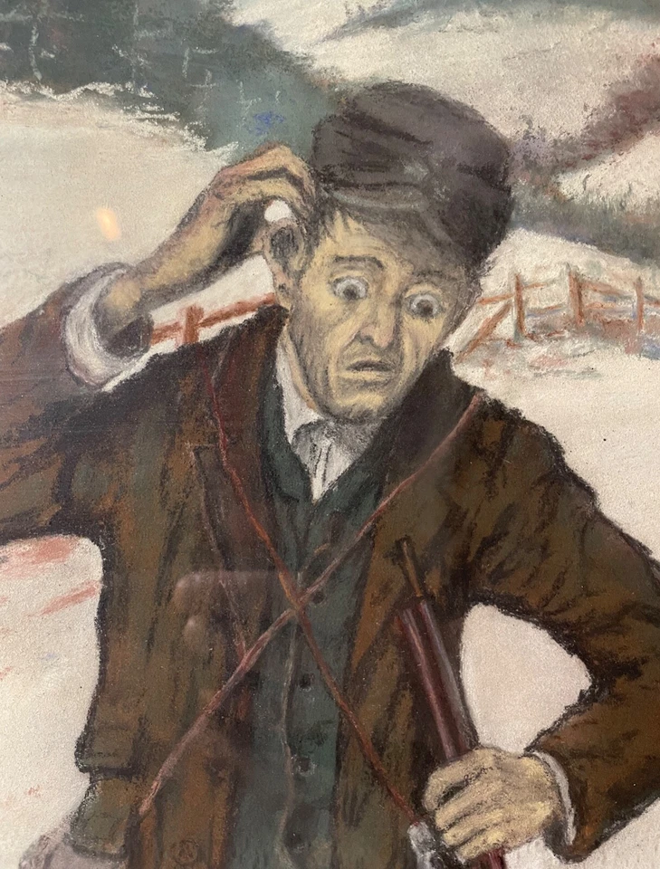 antiguo original Casey hombre y niño caza nieve pastel dibujo pintura arte popular Foto 4 de 4